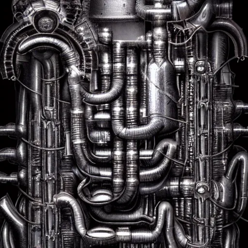 Image similar to a stream of water entering a machine made from organs and producing a coin in the style of H R Giger, 8k, dynamic lighting