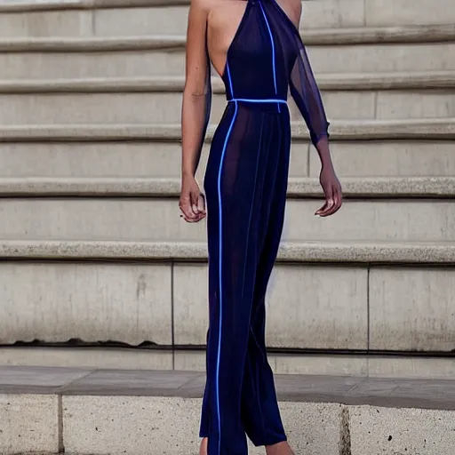 Image similar to model wearing tight dark blue jumpsuit with a see - through mesh stripe all the way up the side, from her ankles to her neck