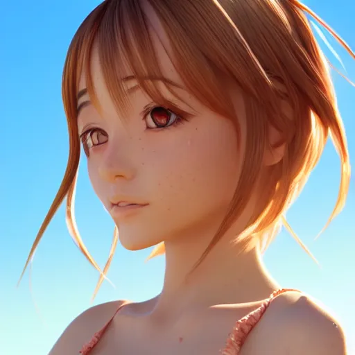 Image similar to portrait of a very beautiful 3d anime girl, long hair, hazel eyes, cute freckles, full round face, short smile, cute sundress, golden hour, serene beach setting, medium shot, mid-shot, highly detailed, trending on Artstation, Unreal Engine 4k