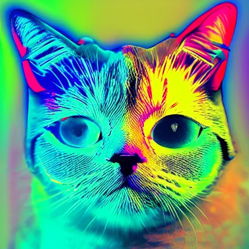 Image similar to a cat wearing a VR headset, trippy colors