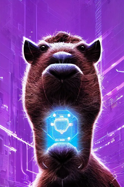 Prompt: a beautiful portrait of a cute cyberpunk capybara by sandra chevrier and greg rutkowski and wlop, purple blue color scheme, high key lighting, volumetric light, digital art, highly detailed, fine detail, intricate, ornate, complex, octane render, unreal engine, photorealistic