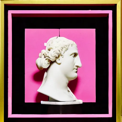 Prompt: a greco - roman marble bust sits on a pink and black checkerboard tile floor, a pink wall in the background with a framed photo of a cityscape at night