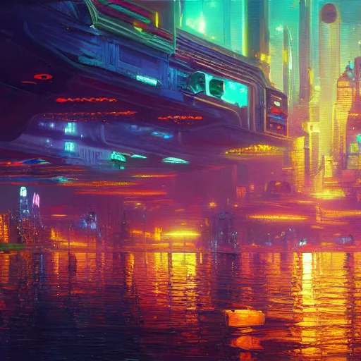 Image similar to a Stunning oil painting of A Great cyberpunk city on the sea by Paul Lehr,concept art,Retro colour,hyper detailed,8K Resolution