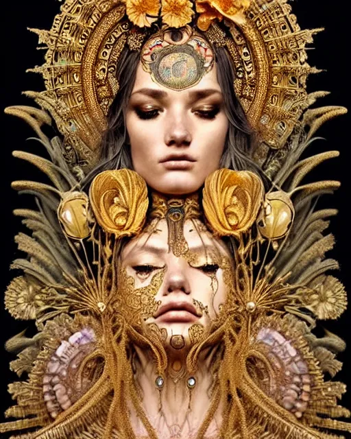 Image similar to hyperrealistic detailed portrait of a beautiful goddess in an intricate golden ornamental ritual headdress, intricate cyberpunk make - up, golden face tattoos, insane details, art by ernst haeckel, nekro borja, android jones, alphonso mucha, john william godward, gothic - cyberpunk, beautiful deep colours,