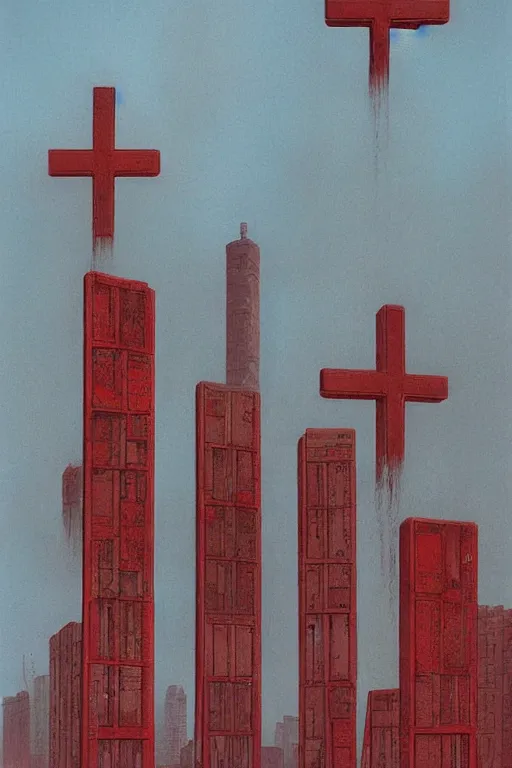 Prompt: Three giant red crosses in the center of a city by Peter Elson