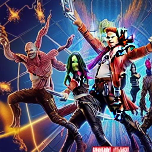 Image similar to the guardians of the galaxy riding a roller coaster