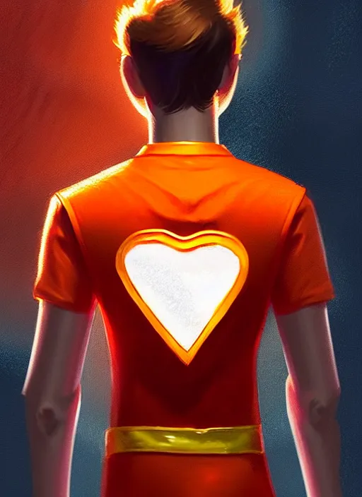 Image similar to kind teenage archie andrews wearing an orange superhero costume, superhero costume with heart emblem, cape, intricate, elegant, glowing lights, highly detailed, digital painting, artstation, sharp focus, illustration, art by wlop, mars ravelo and greg rutkowski