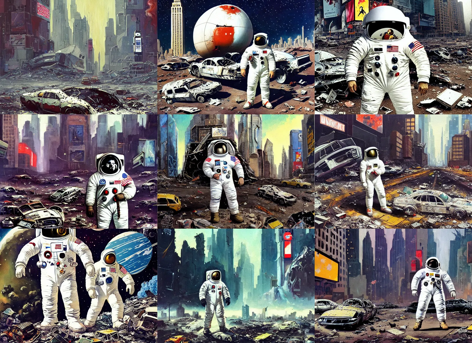 Prompt: american white spacesuit chubby astronaut in giant postapocalyptic abandoned destroyed times square, wrecked buildings, destroyed flipped wrecked cars, in the style of painting by frazetta