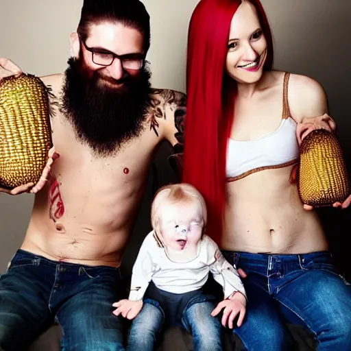 Image similar to photo of a slender attractive couple. The woman has long straight red orange hair. The man has a dark thick neatly groomed beard and tattoos. They are holding a giant corn and a cute baby.