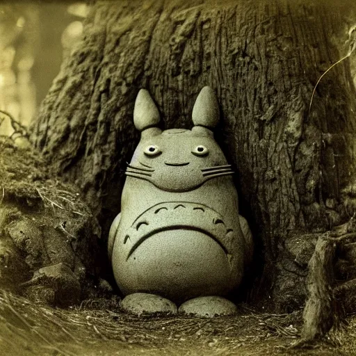 Prompt: vintage photograph of a stone totoro god statue in the deep forest by edward s curtis, realistic, trending on artstation, 4k,