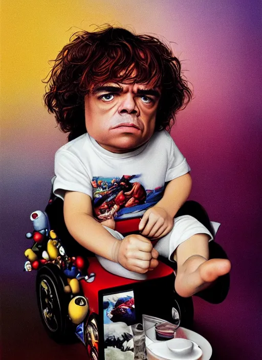 Prompt: ultrawide angle colour portrait masterpiece photography of peter dinklage in a little tikes crazy coupe by annie leibovitz michael cheval miho hirano moebius josh kirb