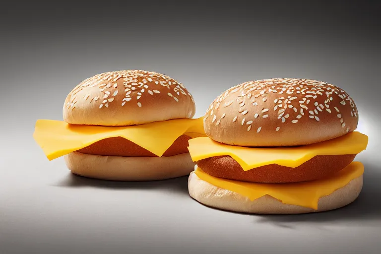 Prompt: mcdonalds fifty cheese slices between two sesame seed buns, commercial photograph