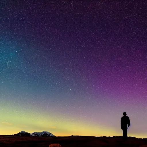 Prompt: 4K Epic Ultra HD detailed award-winning wallpaper silhouette of lonely man holding a flashlight looking at huge vast sky universe Milky Way aurora