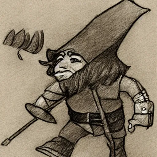 Image similar to poorly drawn pencil sketch of a gnome dressed in leather holding a slingshot and with a determined look.