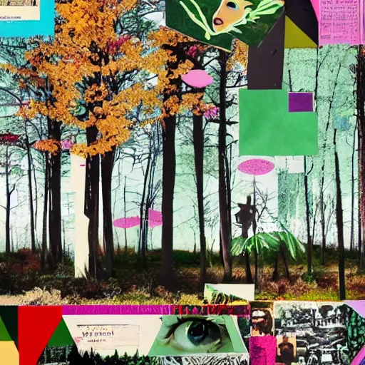 Image similar to a beautiful aesthetic!!! pop art collage! rolling arcadia forest landscape, made in a magazine clipping collage style, cutout, clippings of a fashion magazine, made by a depressed art student