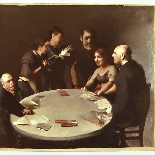 Image similar to by camille corot, by jakub rozalski, by bert hardy van dyke brown, prismatic unified, energetic. a beautiful body art of a group of people standing around a circular table. in the center of the table is a large, open book. the people in the body art are looking at the book with interest & appear to be discussing its contents.