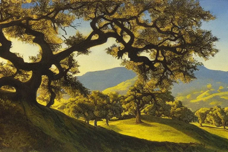 Prompt: masterpiece painting of oak trees on a hillside overlooking a creek, dramatic lighting, by edward okun