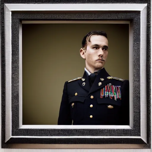 Image similar to An older man gazing sadly, a framed photograph of a younger man in a military outfit, stylized, trending on Artstation, gloomy, sullen, moody