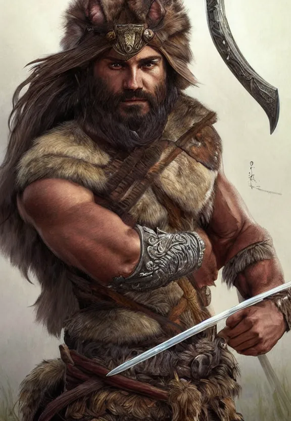 Image similar to full body portrait of a gruff ranger with a spear, wolf pelt on his head, muscular, handsome face, hairy body, D&D, fantasy, intricate, elegant, highly detailed, digital painting, artstation, concept art, matte, sharp focus, illustration, art by Artgerm and Greg Rutkowski and Alphonse Mucha