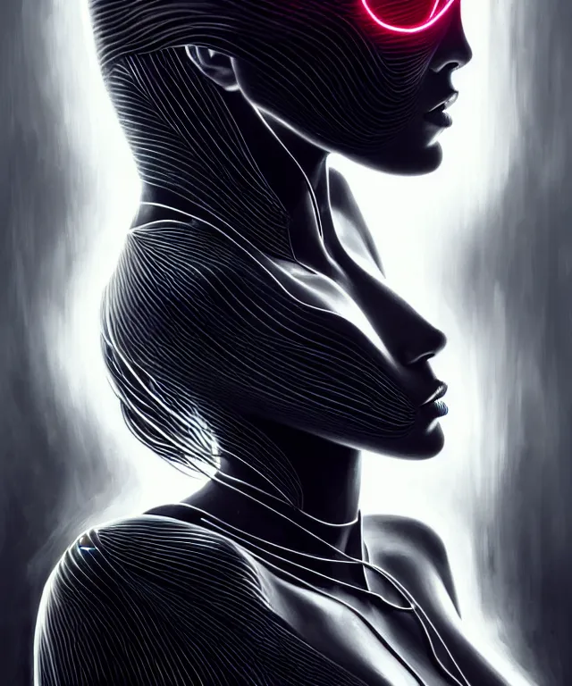 Image similar to Supermodel woman turning into an Android portrait, dark surrealism , scifi, intricate, elegant, sharp black neon eyebrows, ornate long flowing platinum blonde hair and small black streaks, highly detailed cybernetic body, neon glowing eyes, digital painting, artstation, concept art, smooth, sharp focus, illustration, art by Artgerm and moebius and Peter Mohrbacher