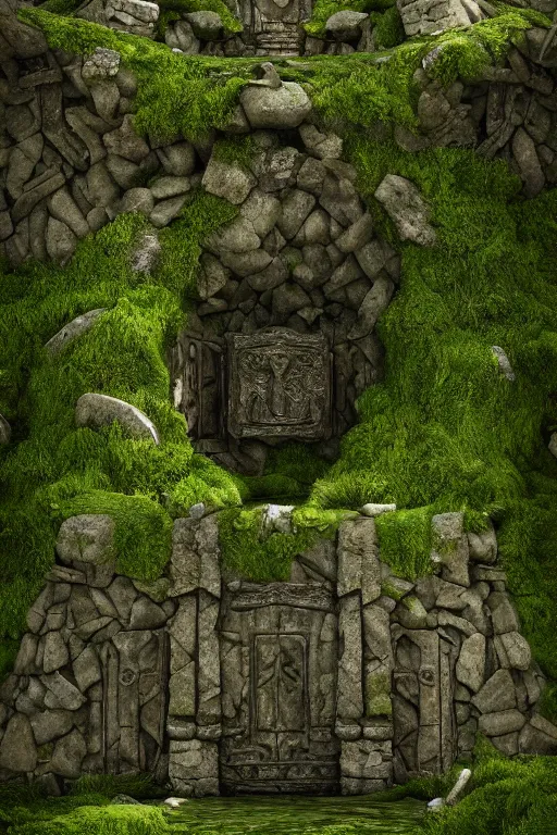 Image similar to the entrance of valhalla, large ornated stone portal, beautiful composition, nature, mossy stone, low angle, rays of light, light dust, octane render, unreal engine, photography, 8 k