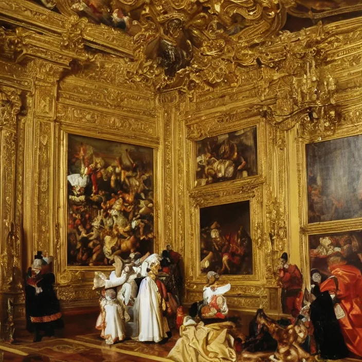 Prompt: fine art, oil on canvas baroque style by diego velasquez. the interior of the royal palace. fine art in the walls and