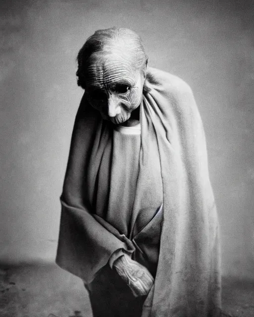 Prompt: a surreal portrait photograph of a faceless old woman attached to life by mere threads of existance, in a grim morbid liminal space, dark, monochrome, atmospheric, surreal, in the style of alexey titarenko and robert mapplethorpe