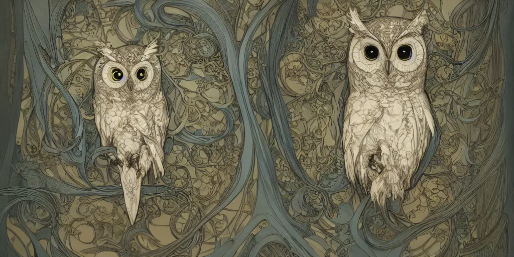 Image similar to cute owl, organic, epic, baroque art nouveau, manga, james jean, mucha, yoshitaka amano, photorealistic rendering, 3 ds max + v - ray, extremely detailed and complex, center composition, elegant, vfx, unreal engine 5, octane rendering, very contrasting, very sharp lines