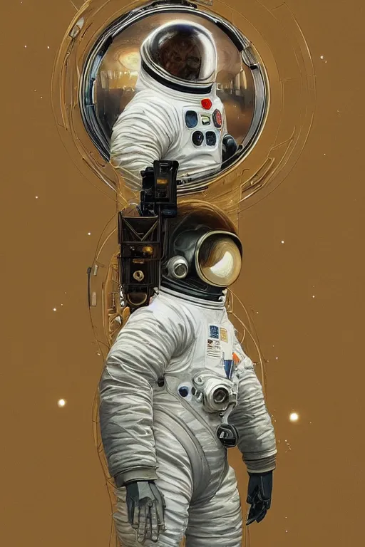 Image similar to A full portrait of a 2001 Space Odyssey Astronaut, intricate, elegant, highly detailed, digital painting, artstation, concept art, smooth, sharp focus, illustration, art by Krenz Cushart and Artem Demura and alphonse mucha