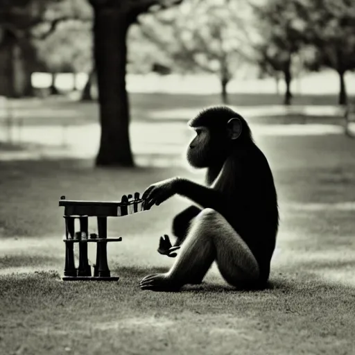 Prompt: black and white portrait photo of a monkey playing chess in a park by annie liebovitz,