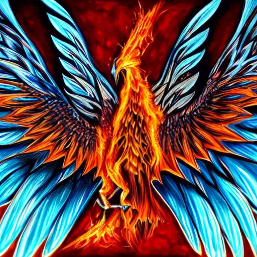 Prompt: hyperdetailed image of a phoenix with its full body flaming and wings spread 8 k extremely detailed hd hyperrealism fiery extremely accurate high definition