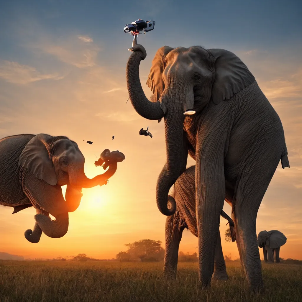 Image similar to elephant shooting lasers from its eyes in front of a sunset