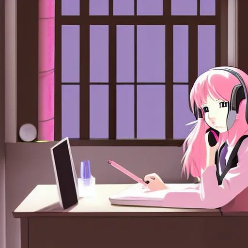 Image similar to high definition anime portrait of a pink haired anime schoolgirl sitting at a desk studying with headphones on, background is a window looking out into a busy tokyo district, lo-fi art, by Studio Ghibli, trending on artstation, sharp high quality anime, digital art, photoshop, proportionate