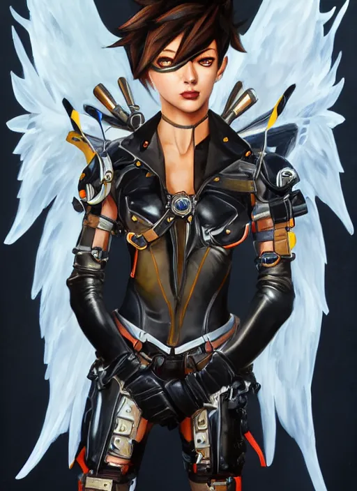 Image similar to full body oil painting of tracer overwatch, angel wings, dramatic painting, symmetrical composition, wearing detailed leather collar, black shiny armor, chains, black harness, detailed face and eyes,