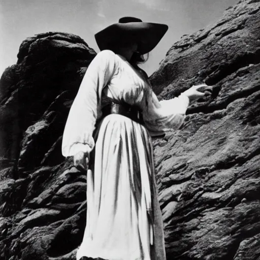 Image similar to photo, a woman wearing a giant wide flowy sheet with a still frame from a vintage western cowboy movie on it, standing inside a dark western rocky scenic landscape, volumetric lighting