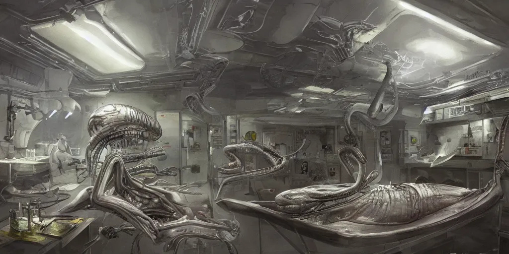 Image similar to Alien autopsy inside a secret Bio hazard Level 4 Research laboratory by John Howe, realistic, highly detailed, Artstation,