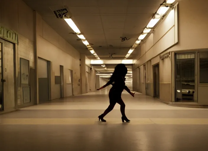 Image similar to cinematic shot of octavia spencer being chased by walter white in a strange defunct abandoned mall, iconic scene from the paranoid thriller sci fi film directed by stanley kubrick, 2 4 mm anamorphic lens, backlit, moody strange cinematography, beautiful composition, color theory, leading lines, photorealistic, highly detailed scene moody lighting