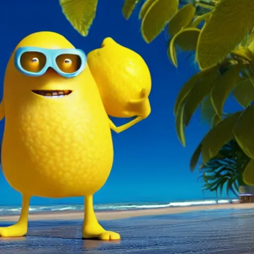 Prompt: a lemon fruit pixar movie character wearing sunglasses at the beach