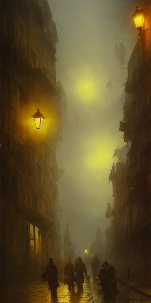 Image similar to a street of a city in 1 9 4 0 with yellow light on from the windows during the night, a men stand up under a light, mystical red fog, oil on canvas, art by andreas achenbach, clemens ascher, tom bagshaw and sabbas apterus,