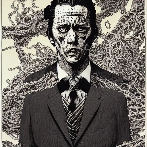 Image similar to portrait of hp lovecraft, symmetrical, by yoichi hatakenaka, masamune shirow, josan gonzales and dan mumford, ayami kojima, takato yamamoto, barclay shaw, karol bak, yukito kishiro