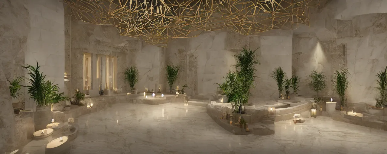Image similar to 3 d render of a cinematic interior of a triple height hyper luxury spa with everything made of gold, candles, windows with view to desert mountains and river, beige stone marble floor with reflection, small wellness relaxation pool, potted plants, intricate hieroglyph detailed roof, contemporary design, fractal sacred geometry, 8 k, hyperrealistic, photorealism,