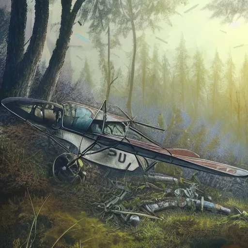 Prompt: an old plane crashed on a hill, there is a forest in the background, texture, intricate, details, highly detailed, masterpiece, architecture, building, trending on artstation, focus, sharp focus, concept art, digital painting, fantasy, sunny, day, midday, golden hour