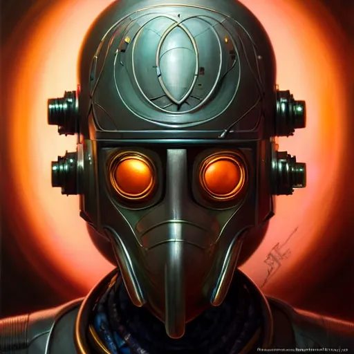 Image similar to front shot of a cyberpunk gazmask robot character, intricate, elegant, highly detailed, centered, digital painting, artstation, concept art, smooth, sharp focus, illustration, artgerm, Tomasz Alen Kopera, Peter Mohrbacher, donato giancola, Joseph Christian Leyendecker, WLOP, Boris Vallejo