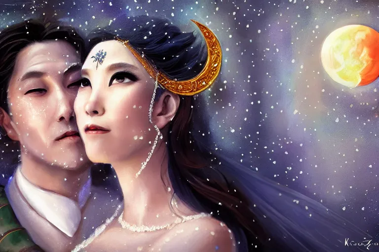 Image similar to a cinematic portrait of wedding photograph jpeg close up moment of a divine a japan sun god and moon goddess lovers magician at a wedding banquet. portraiture. digital painting. artstation. concept art. wedding photo. digital painting. frozen ii art masterpiece by art by krenz cushart