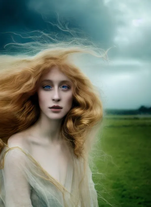 Prompt: cinestill 5 0 d photo of a pre - raphaelite blond beautiful woman, dreamy, hair floating in air in style of paolo roversi, 1 5 0 mm, f 1. 2, emotionally evoking, head in focus, stormy wet clouds outdoor, matt dreamy colour background, volumetric lighting, hyper realistic, ultra detailed