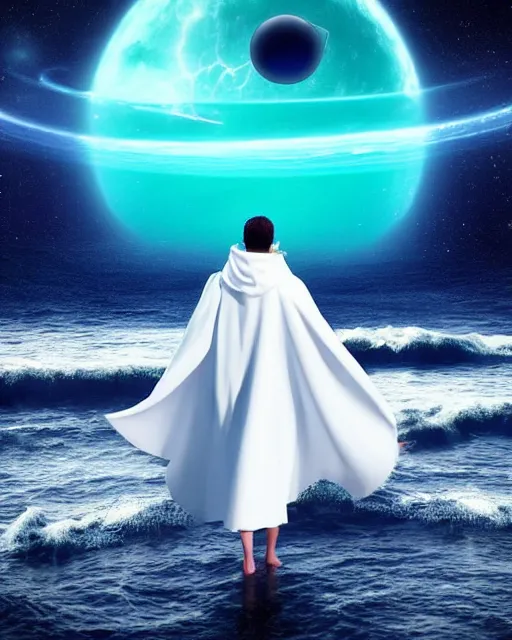 Image similar to a person wearing a white cloak that's blowing in the wind. they are standing in the water. a large planet with rings is visible in the sky. an album cover by stanley twardowicz, trending on cg society, retrofuturism, retrowave, chillwave, synthwave