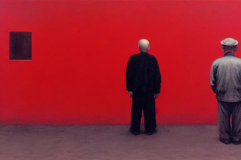 Image similar to only with red, a red old man try to sell a portrait, cheering crowd, in a old city square, in the style of beksinski, parts by edward hopper, parts by rodcenko, parts by yue minjun, intricate and epic composition, red by caravaggio, insanely quality, highly detailed, masterpiece, red light, artstation, 4 k