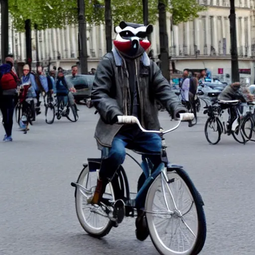 Prompt: Mordecai from regular show riding a bicycle in paris