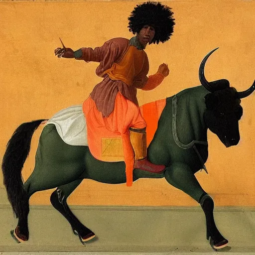 Image similar to photograph of a black man with afro hair wearing an army green adidas jacket riding an orange colored bull!!, renaissance style painting