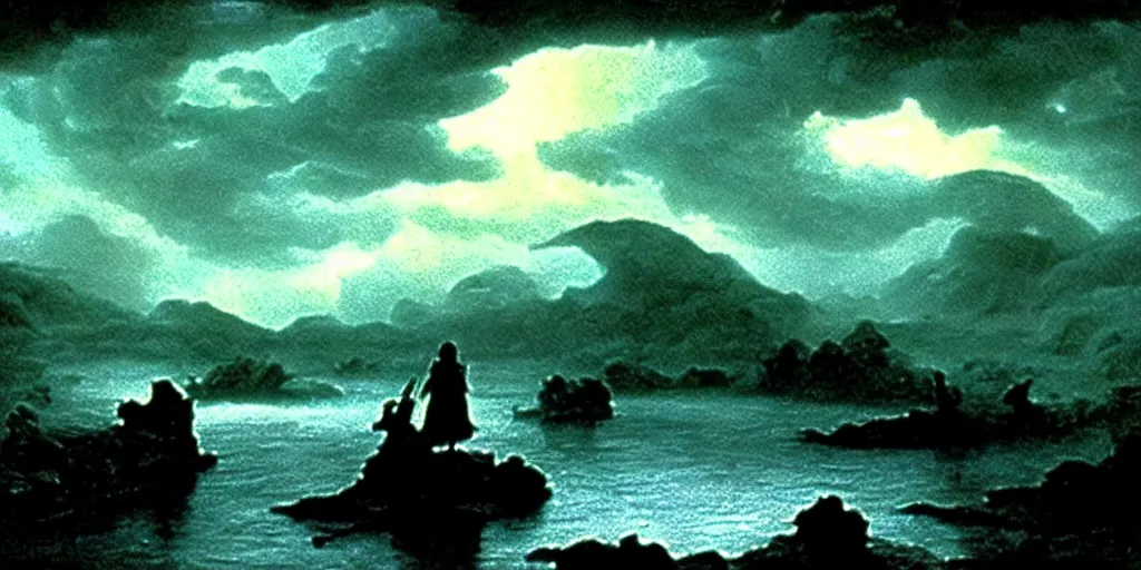 Image similar to eerie, greek fantasy landscape, styx the river of the dead, a giant smiling translucent shining ghost figure in the stormy clouds, stanley kubrick movie frame